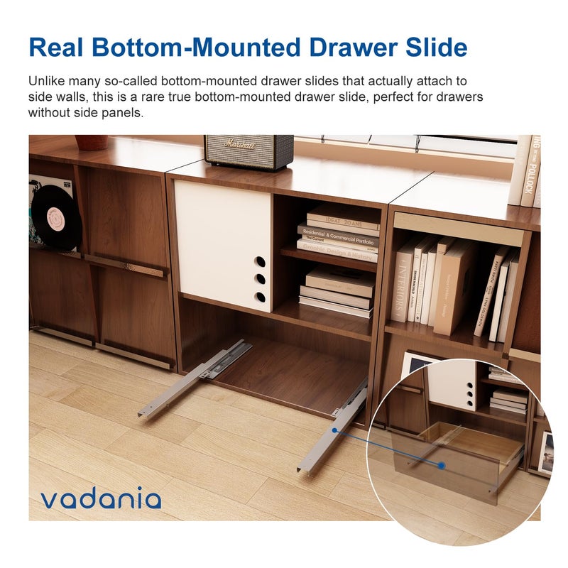 VADANIA 14"" Undermount Drawer Slide, Push to Open, Bottom Mounted & Bottom Support, 88 lb Load Capacity, 3-Fold Full Extension, Invisible Drawer Slies,1 Pair(2-Pack) - Image 2
